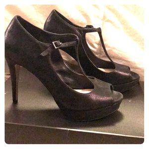 Black powdered suede t-strap pumps